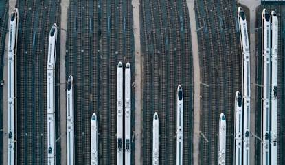 High-speed trains on parallel tracks, seen from directly above