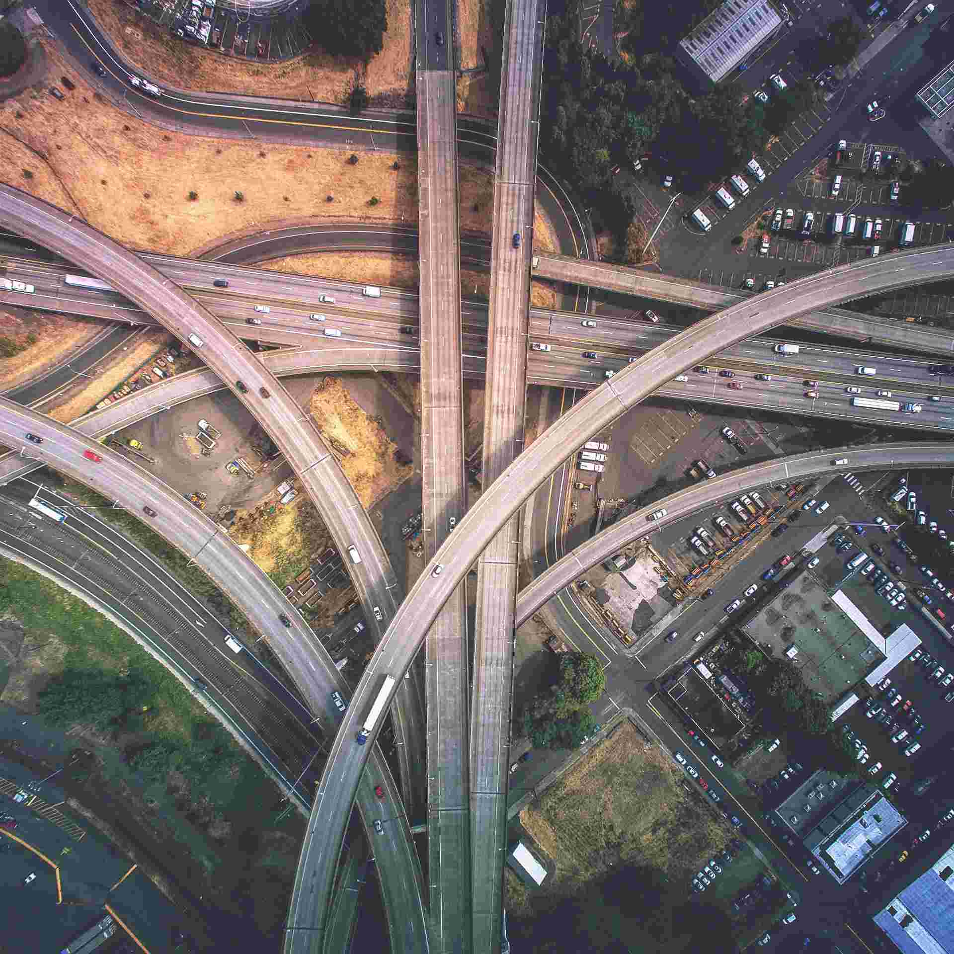 Aerial view of monumental infrastructure at dusk