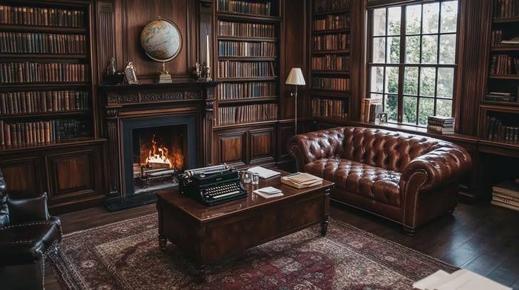 A wood-panelled private library with a fire lit and a typewriter on the desk
