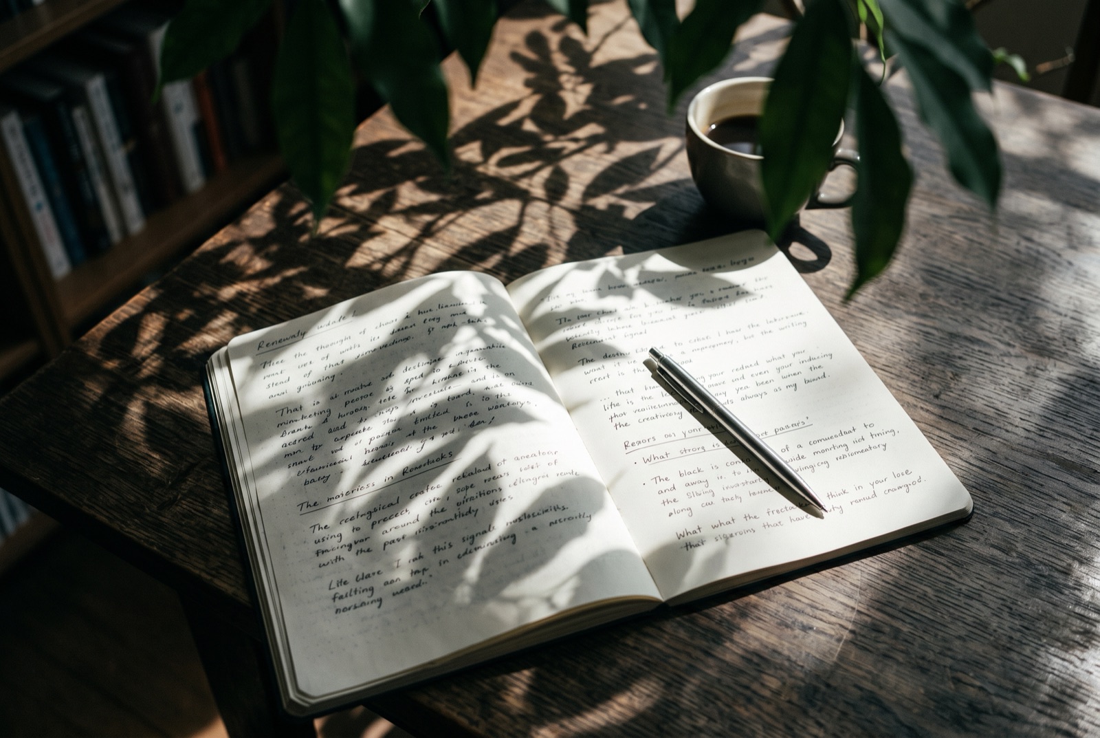 An open handwritten notebook on a wooden desk, dappled with leaf shadows